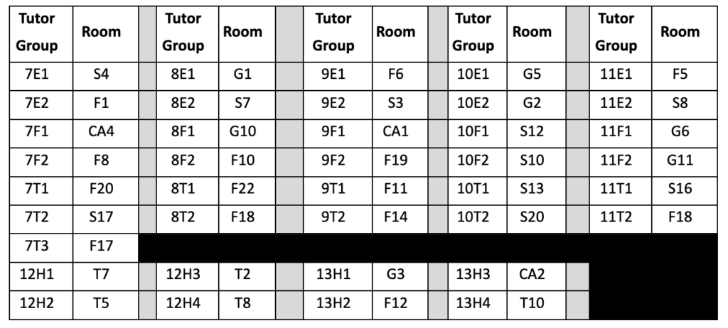 Tuesday 3rd September timetable